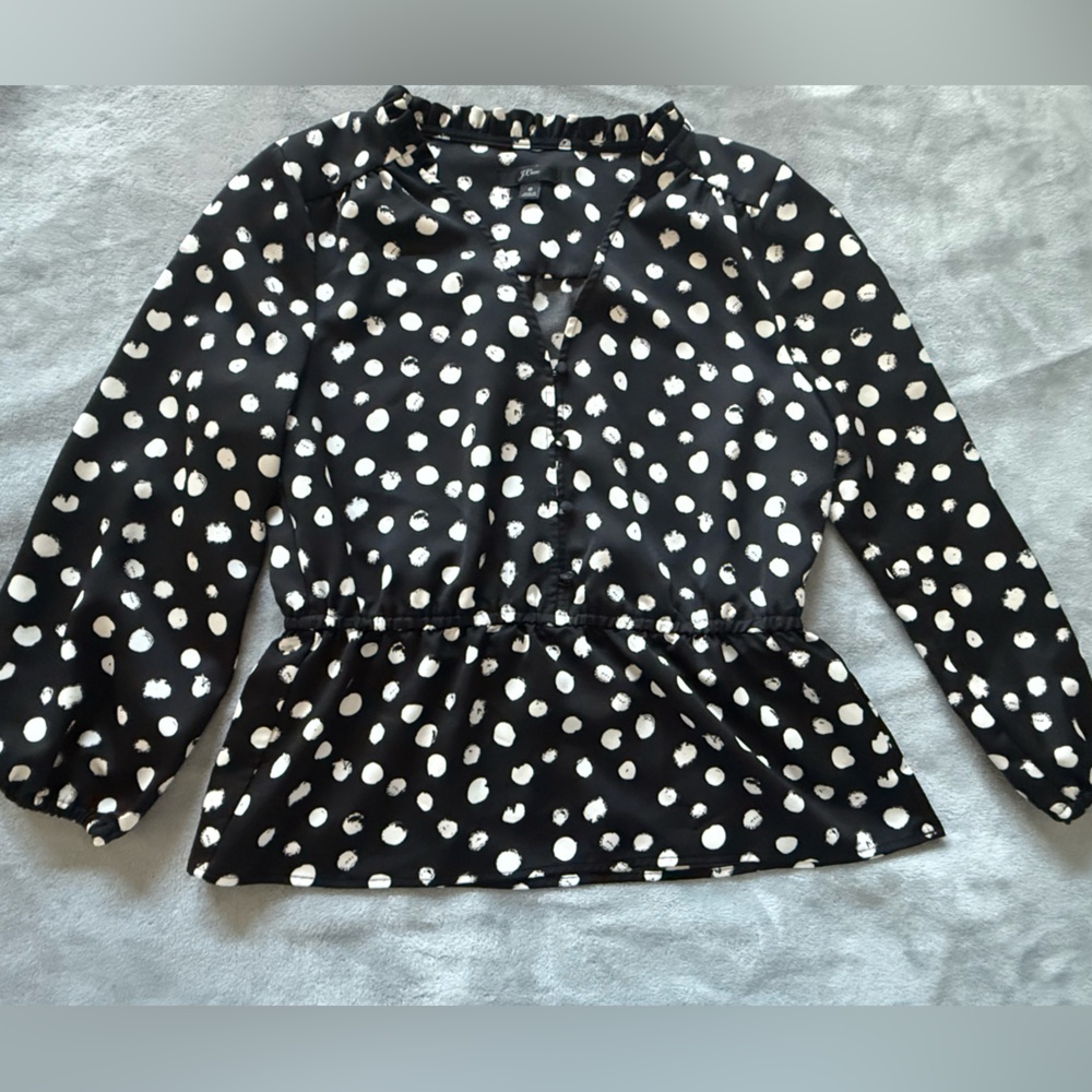 J Crew Women's Black Polka Dot V Neck Peplum Button Up Blouse Size 6